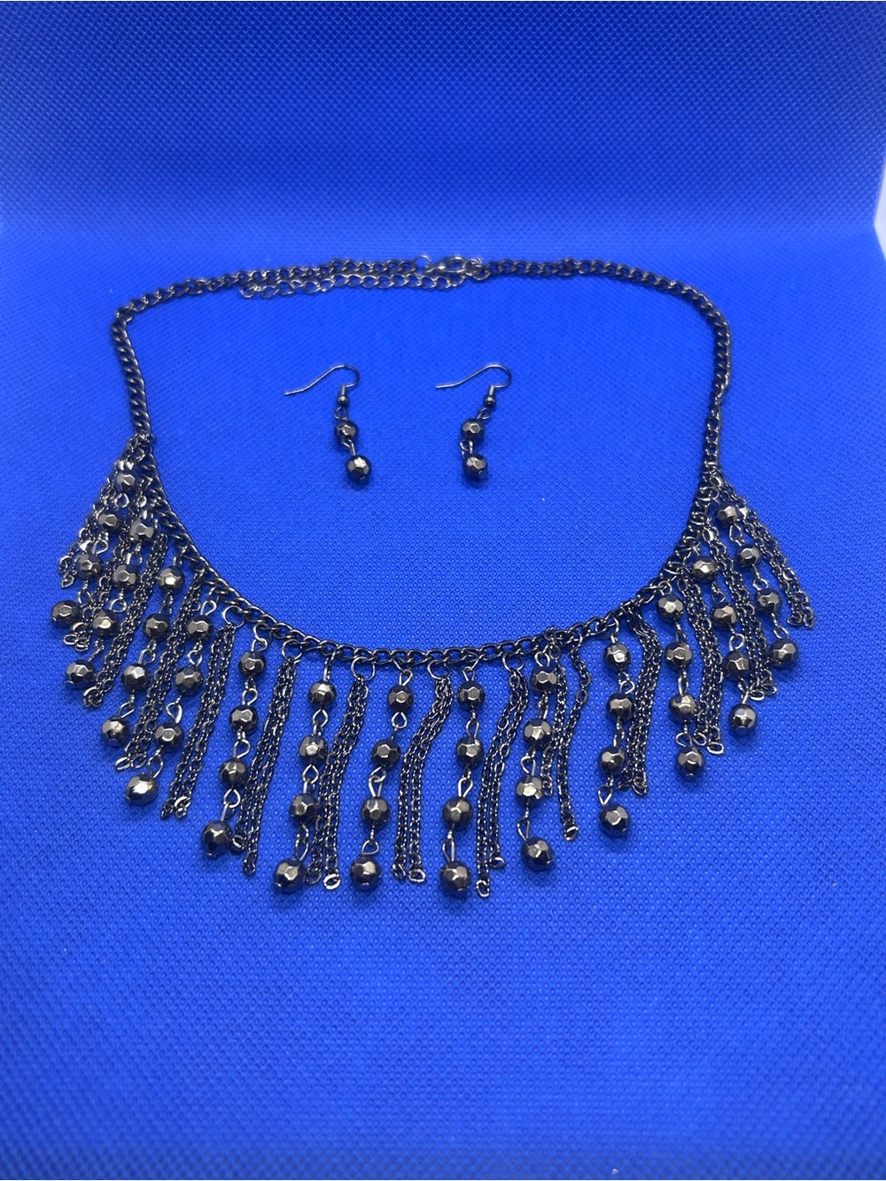 Gunmetal Fringe Bead Necklace and Earring Set